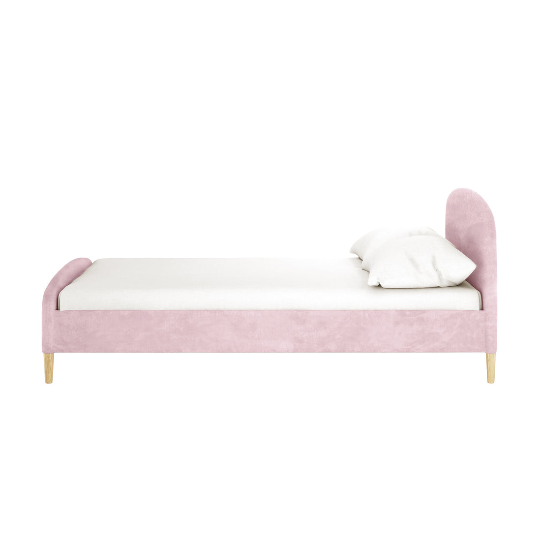 Theron Double Upholstered Velvet Bed in Light Pink features a curved headboard and footboard with plush velvet upholstery on a sturdy wood frame, enhanced by short light wood legs.