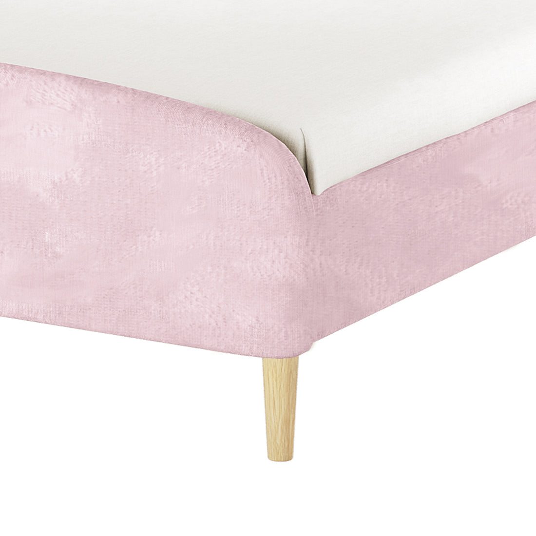Theron Double Upholstered Velvet Bed in Light Pink, showcasing a pale pink fabric-covered base, white mattress topper, and a single tapered wooden leg, highlighting its elegant and sturdy design.