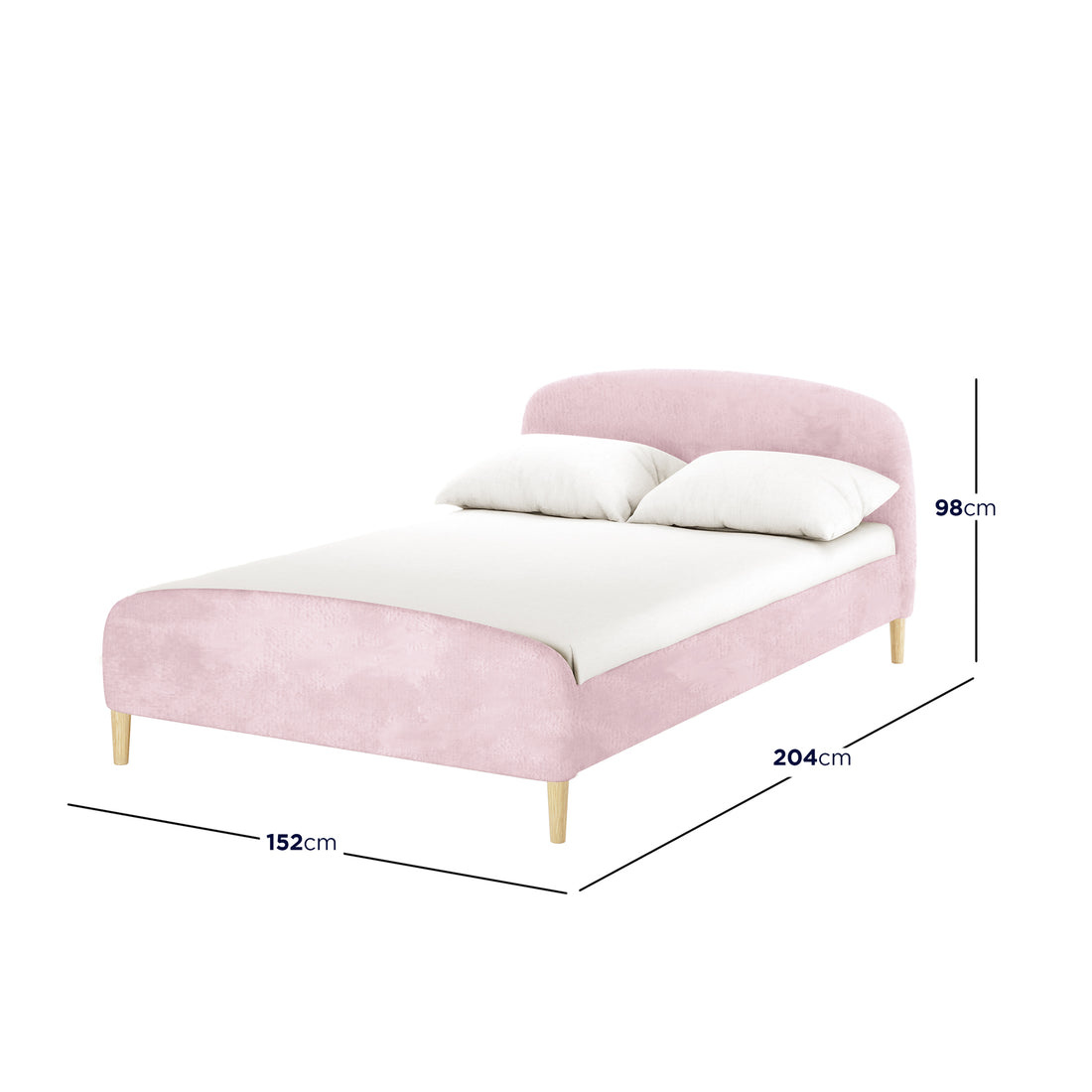 Theron Double Upholstered Velvet Bed in Light Pink, featuring a blush-pink frame with headboard, white sheet, two pillows, and light-wood tapered legs, measuring 152cm wide, 204cm long, 98cm tall.
