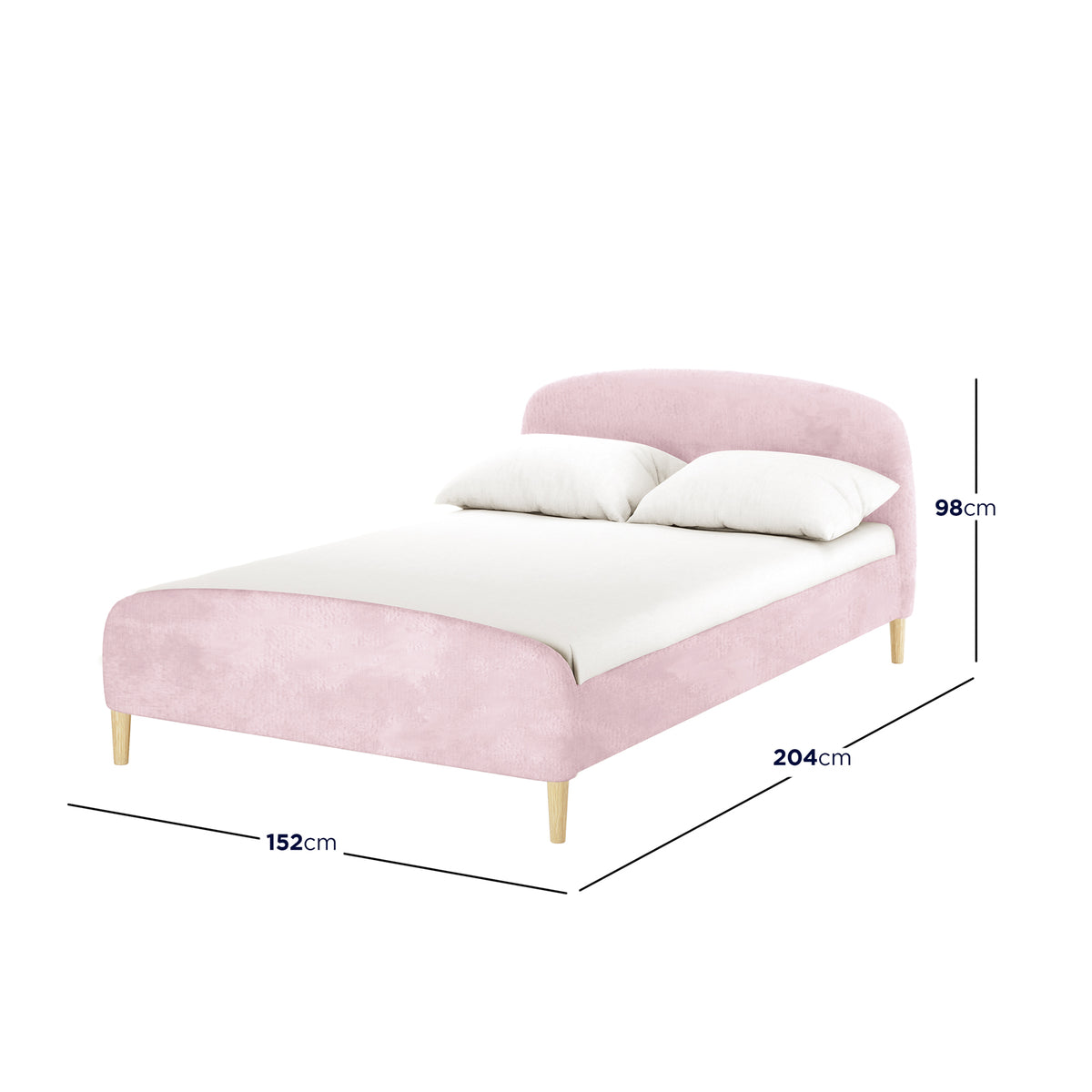 Theron Double Upholstered Velvet Bed in Light Pink, featuring a blush-pink frame with headboard, white sheet, two pillows, and light-wood tapered legs, measuring 152cm wide, 204cm long, 98cm tall.