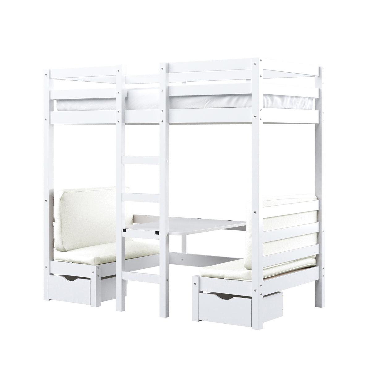 Timothy Timber Loft Bed with Table & Benches Cream White, showcasing a compact design featuring a white bunk bed with integrated table and benches, emphasizing space-saving and multifunctional use.