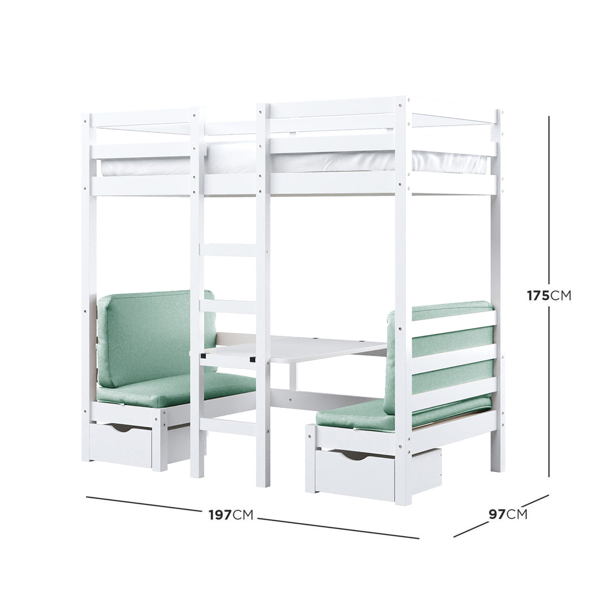 Timothy Solid Pine Loft Bed with Desk in Mint Green features a white wooden frame, elevated bed, fixed ladder, mint-green cushioned benches, tabletop, and pull-out storage drawers, all beneath the loft.