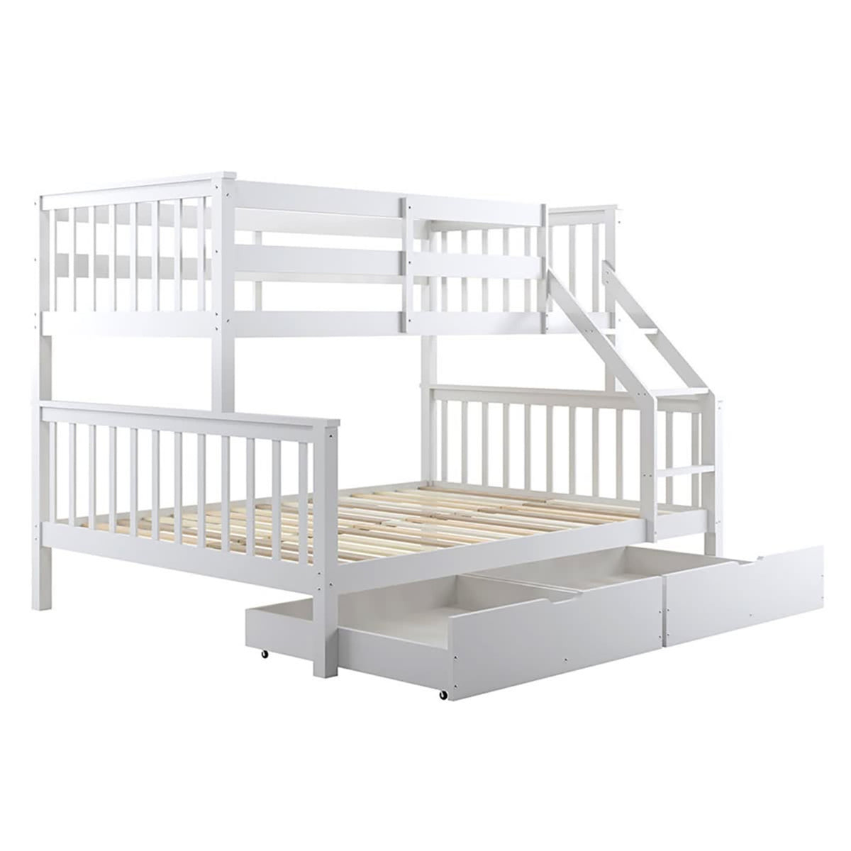 White wooden bunk bed with a twin loft, full-size lower bed, integrated ladder, and two pull-out storage drawers. Features Single Solid Pine Under Bed Twin Storage Drawers in White for added organization.