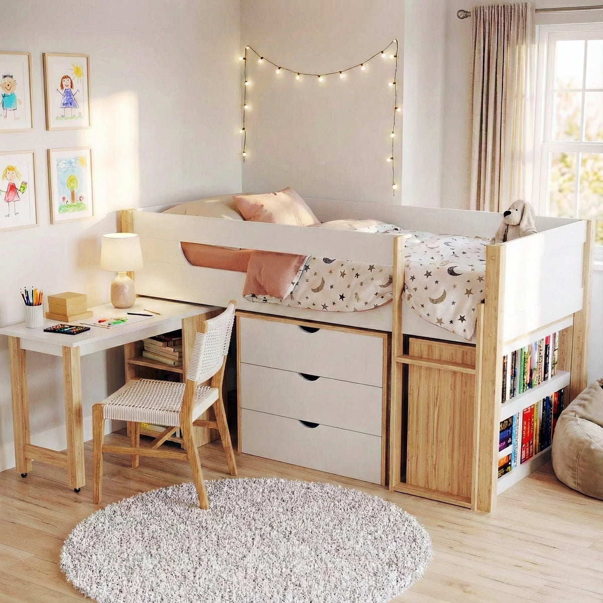 Yuri Storage Loft Bed with Pull Out Desk in White & Natural, featuring a raised bed with star-and-moon sheets, built-in drawers, open cubby, and a desk setup, ideal for organized, stylish spaces.