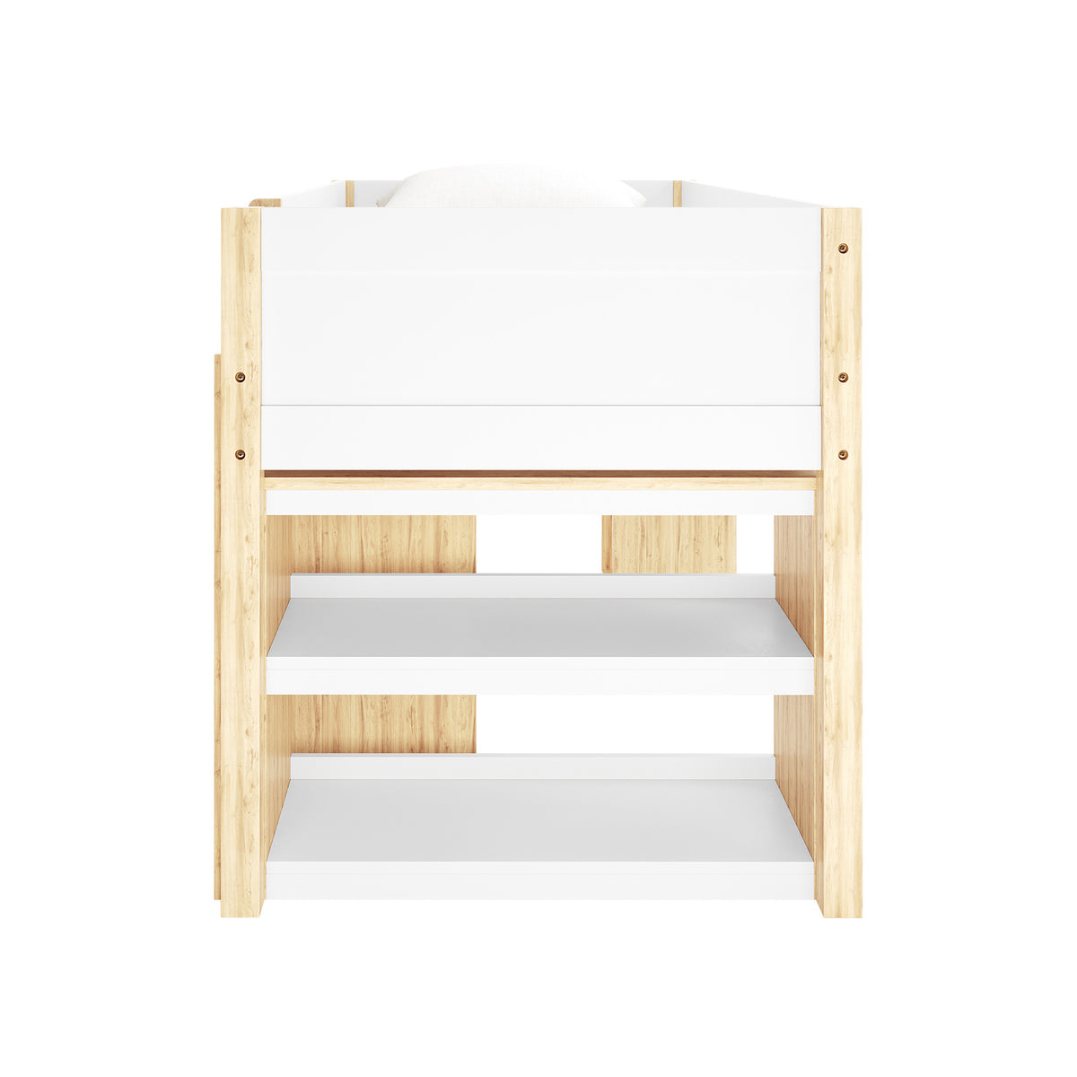 Yuri Storage Loft Bed with Pull Out Desk in White & Natural, featuring a small, open-sided shelving unit with three white shelves in a light wooden frame for organized storage.