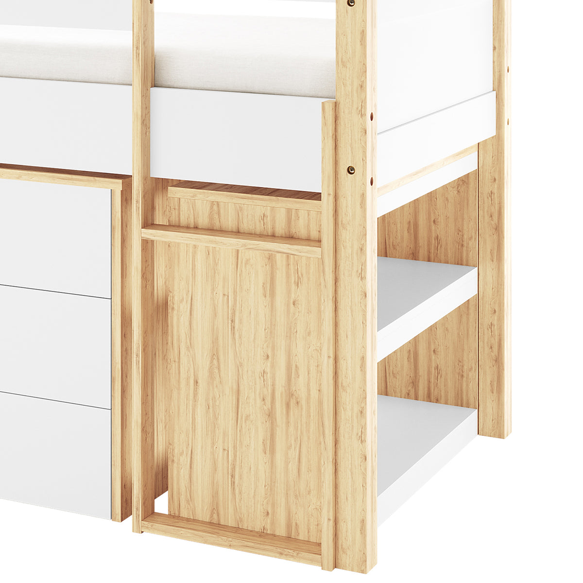 Yuri Storage Loft Bed with Pull Out Desk in White & Natural features a light-toned wood frame with white accents, built-in drawers, bottom bunk shelves, and a top bunk mattress platform.