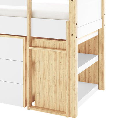 Yuri Storage Loft Bed with Pull Out Desk in White & Natural features a light-toned wood frame with white accents, built-in drawers, bottom bunk shelves, and a top bunk mattress platform.