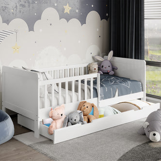 Zane Kids Solid Pine Timber Single Bed w/ Drawer - White featuring a low guardrail, pull-out trundle, two mattresses, plush toys, and whimsical mural. Ideal for style and functionality in children's rooms.