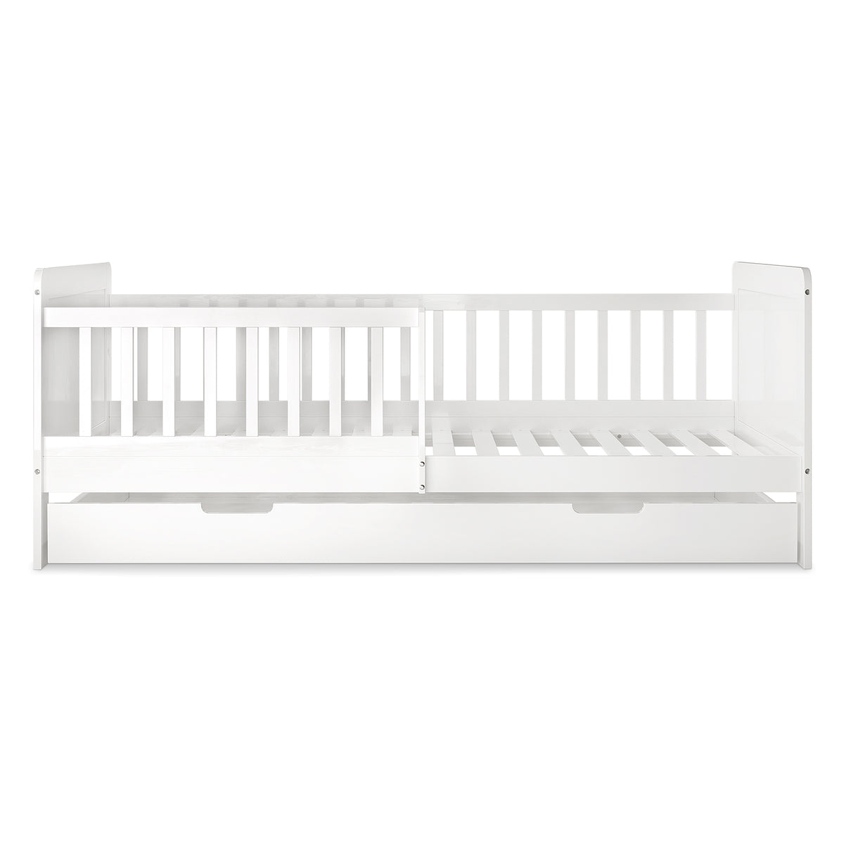 Zane Kids Solid Pine Timber Single Bed w/ Drawer - White, featuring a slatted design, partial safety rail, and built-in pull-out storage drawer, crafted from solid pine wood for durability and modern minimalist appeal.