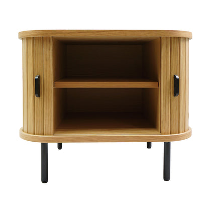 Aaron 50cm Bedside Table with Sliding Doors - Natural, featuring a mid-century-style design with light-toned wood, side tambour doors, and slender black metal legs, perfect for stylish bedroom storage.