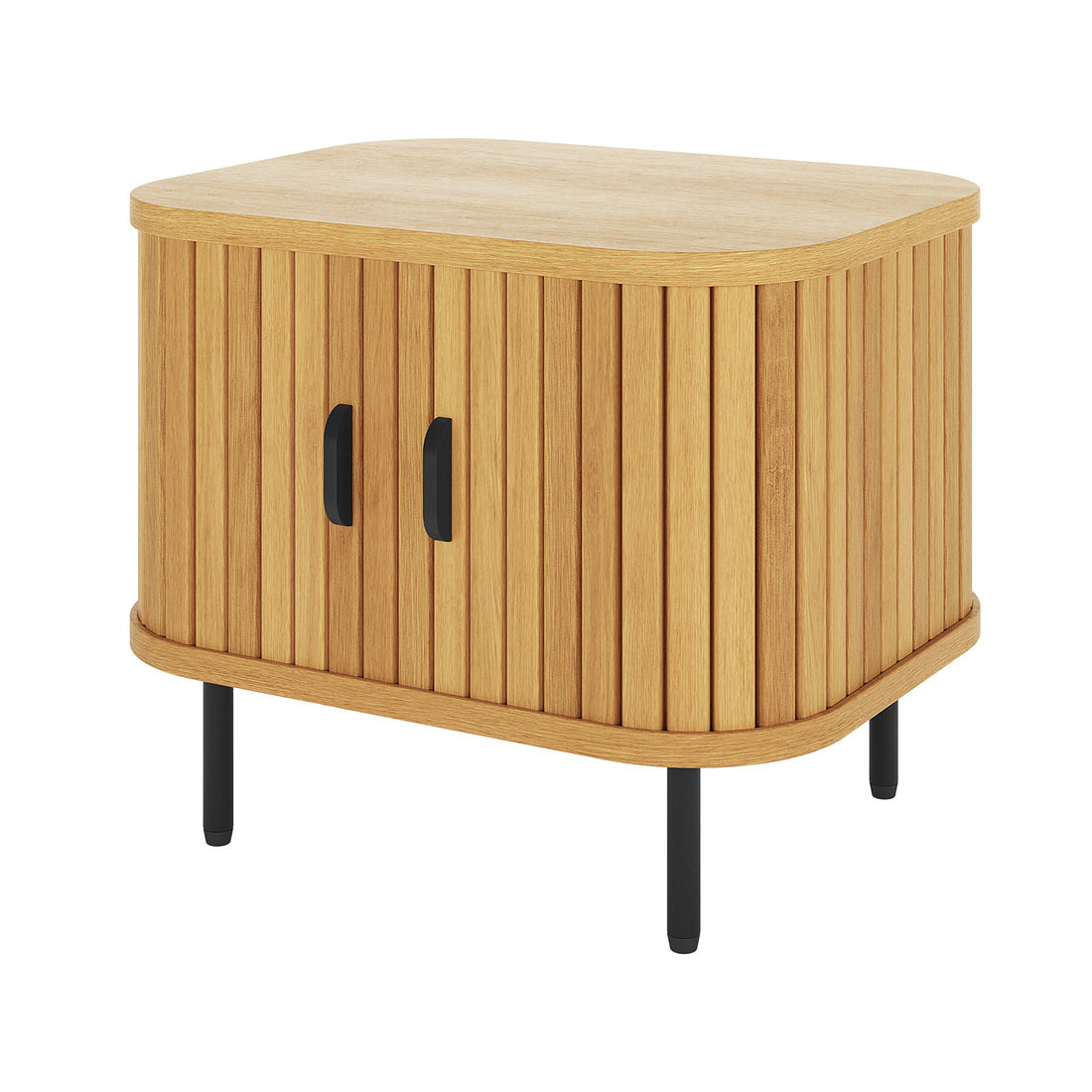 Aaron 50cm Bedside Table with Sliding Doors - Natural features light wood with vertical slatted doors and black handles, standing on slender black metal legs, offering modern elegance and functionality.