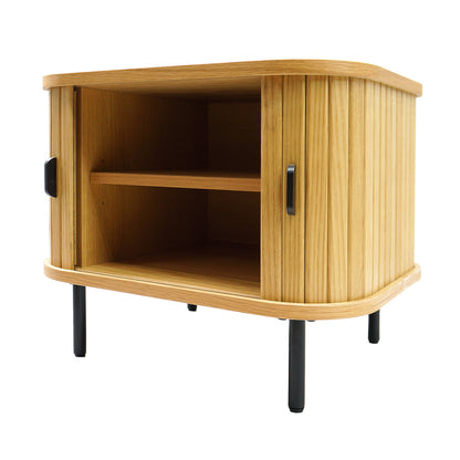 Aaron 50cm Bedside Table with Sliding Doors - Natural features a curved front with tambour doors and central open shelf, supported by black metal legs, offering modern elegance and practical bedroom storage.