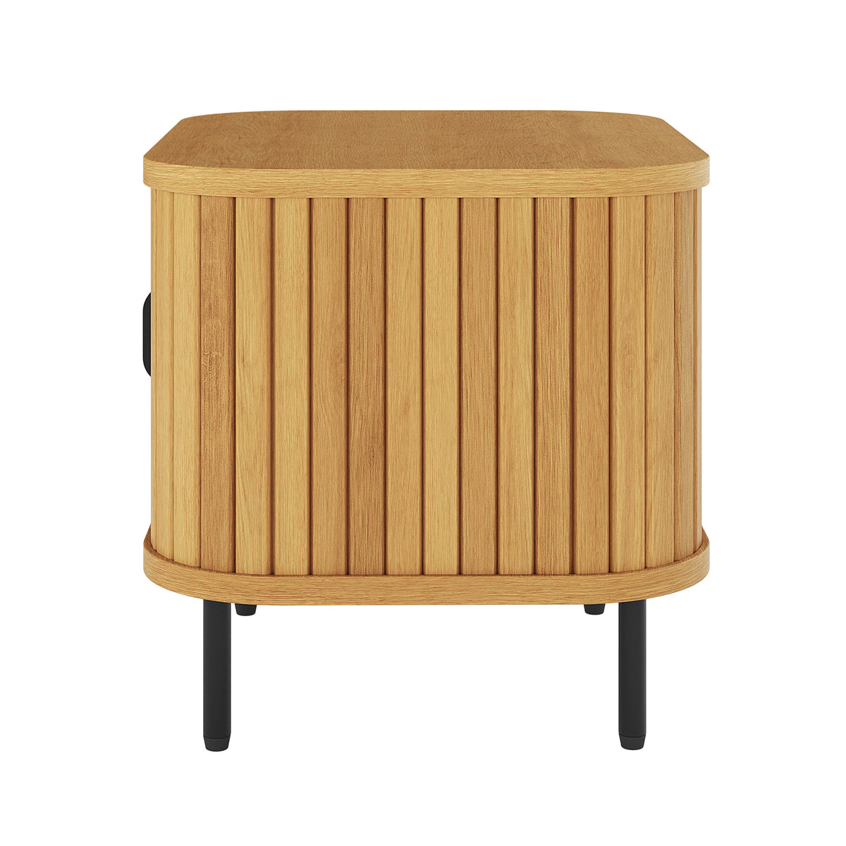 Aaron 50cm Bedside Table with Sliding Doors - Natural features a compact design with a light-toned tambour front, sleek black metal legs, and a flat top for modern bedroom storage.