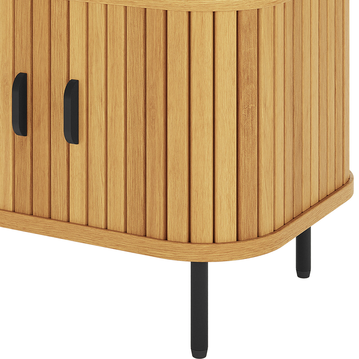 Aaron 50cm Bedside Table with Sliding Doors - Natural features a curved front with vertical slatted wood panels, simple black handles, and slender black metal legs, offering modern elegance and practical storage.