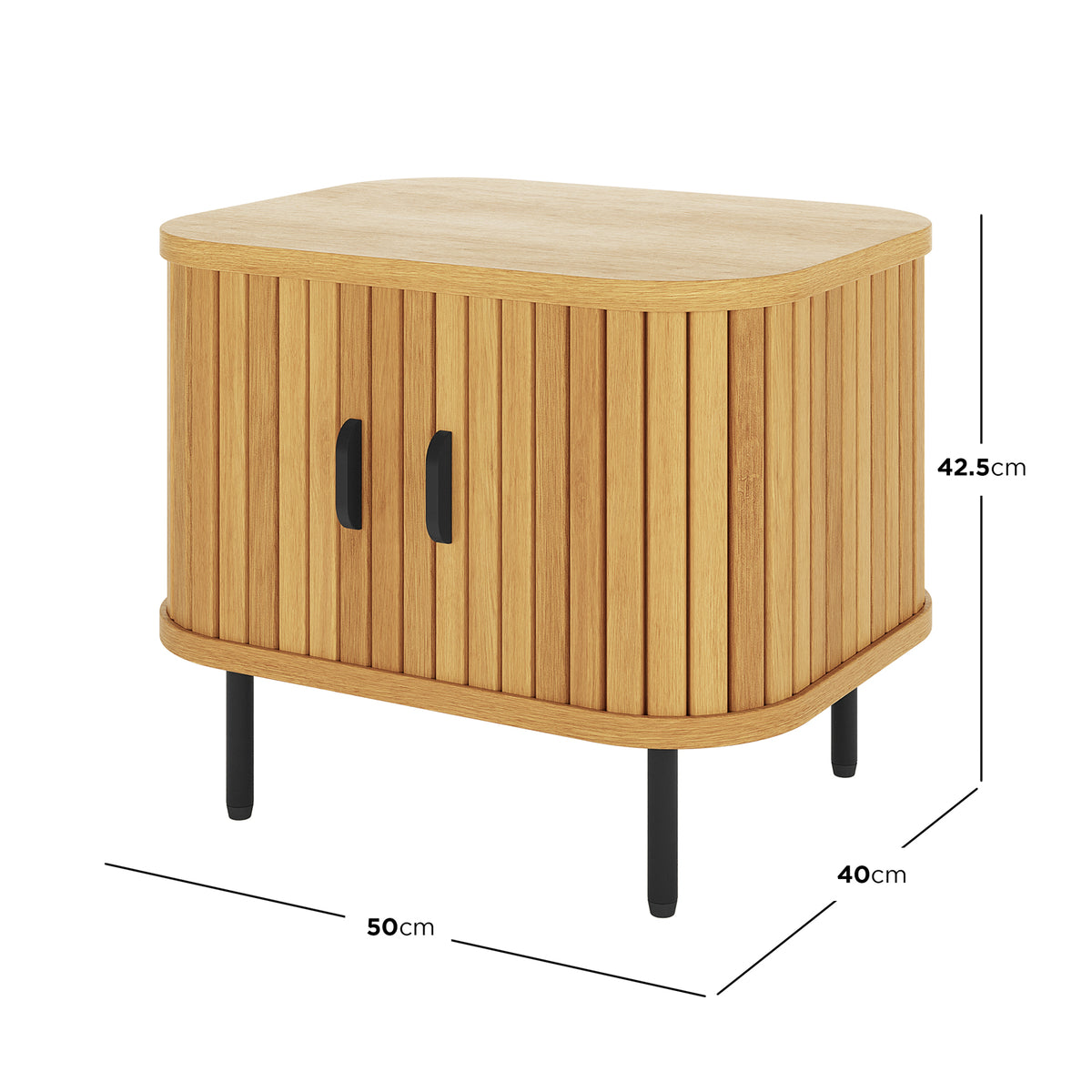 Aaron 50cm Bedside Table with Sliding Doors features a compact wooden cabinet with vertical slatted panels, two black handles, and slim metal legs, offering modern elegance and practical storage.