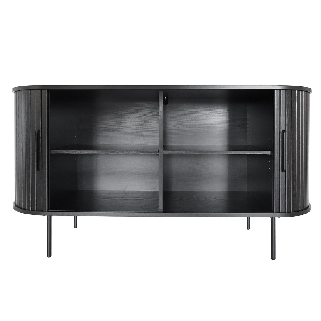 Aaron 140cm Curved Sideboard Buffet - Black, featuring fluted sliding doors, four storage compartments, and slender metal legs. Ideal for modern living spaces or dining areas, offering style and functionality.