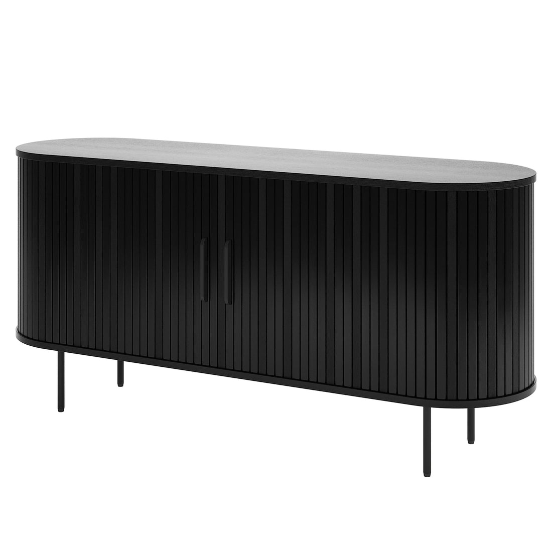 Aaron 140cm Curved Sideboard Buffet - Black, featuring matte black finish, elongated oval top, fluted cabinet face, two recessed handles, and slim cylindrical metal legs, offering modern elegance and practical storage.