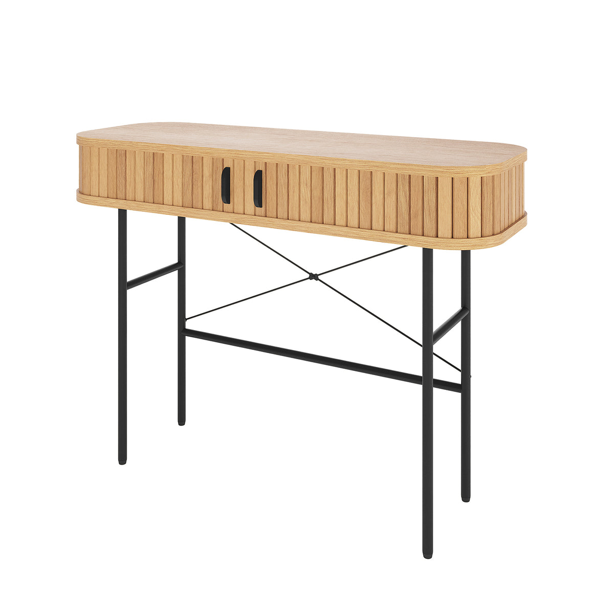 Aaron 100cm Hallway Table with Sliding Doors - Natural features a mid-century design with a light oak veneer, rounded corners, tambour-style doors, and slender cross-braced black metal legs.