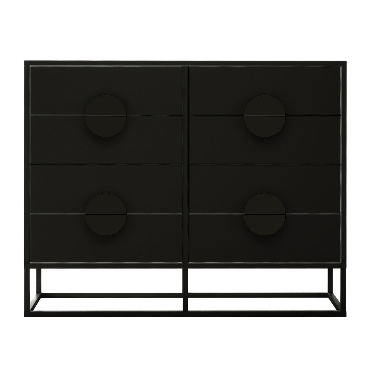 Abigail 120cm Lowboy Dresser with Drawers - Black, featuring a modern design with two columns of three drawers each, oversized round drawer pulls, and a minimal open metal base frame.