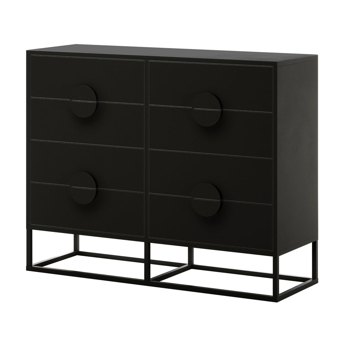 Abigail 120cm Lowboy Dresser with Drawers - Black, featuring a minimalist design with six drawers, large circular pulls, and an open-frame base for a sleek, floating appearance.