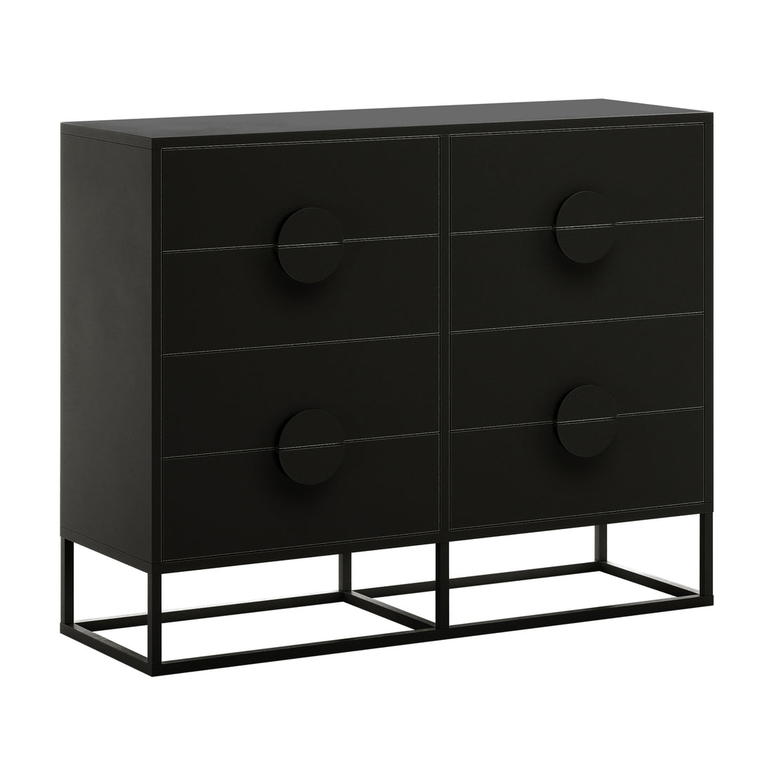 Abigail 120cm Lowboy Dresser with Drawers - Black featuring six drawers, oversized circular pulls, and a matte-black finish, elevated on a sleek metal frame base, showcasing modern elegance and functionality.