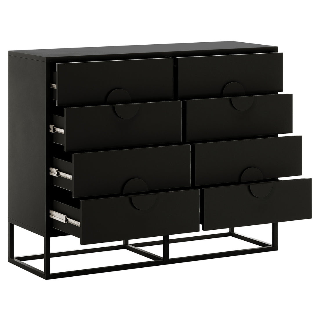 Abigail 120cm Lowboy Dresser with Drawers - Black features eight drawers, matte-black finish, elegant arc handles, and visible metal slide hardware, all set on a simple black metal base.
