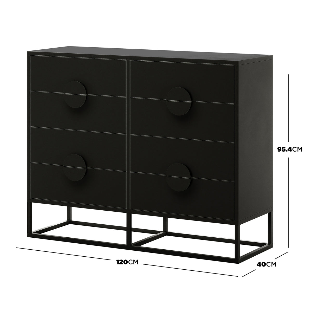 Abigail 120cm Lowboy Dresser with Drawers - Black: Modern black six-drawer dresser with large circular pulls, set on a metal frame base, measuring 120cm wide, 40cm deep, and 95.4cm high.