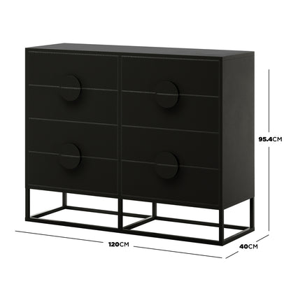 Abigail 120cm Lowboy Dresser with Drawers - Black: Modern black six-drawer dresser with large circular pulls, set on a metal frame base, measuring 120cm wide, 40cm deep, and 95.4cm high.
