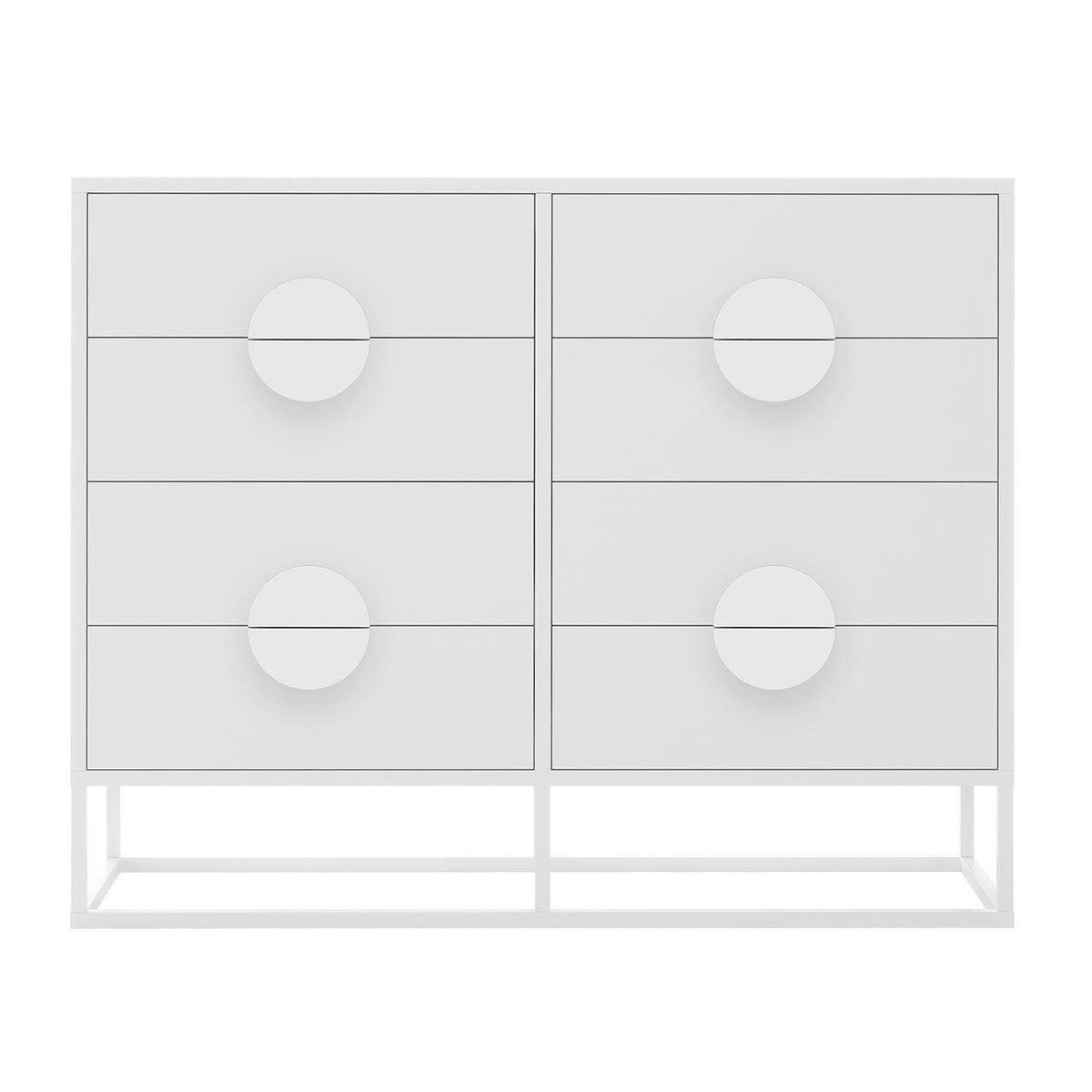 Abigail 120cm Lowboy Dresser with Drawers - White, featuring a minimalist design with six drawers, oversized circular half-moon handles, and a sleek metal base for elevated elegance.