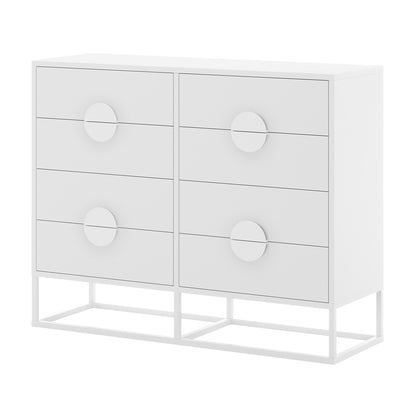 Abigail 120cm Lowboy Dresser with Drawers - White features six minimalist drawers in two columns, each with circular pulls, on a metal base, offering modern elegance and ample storage.