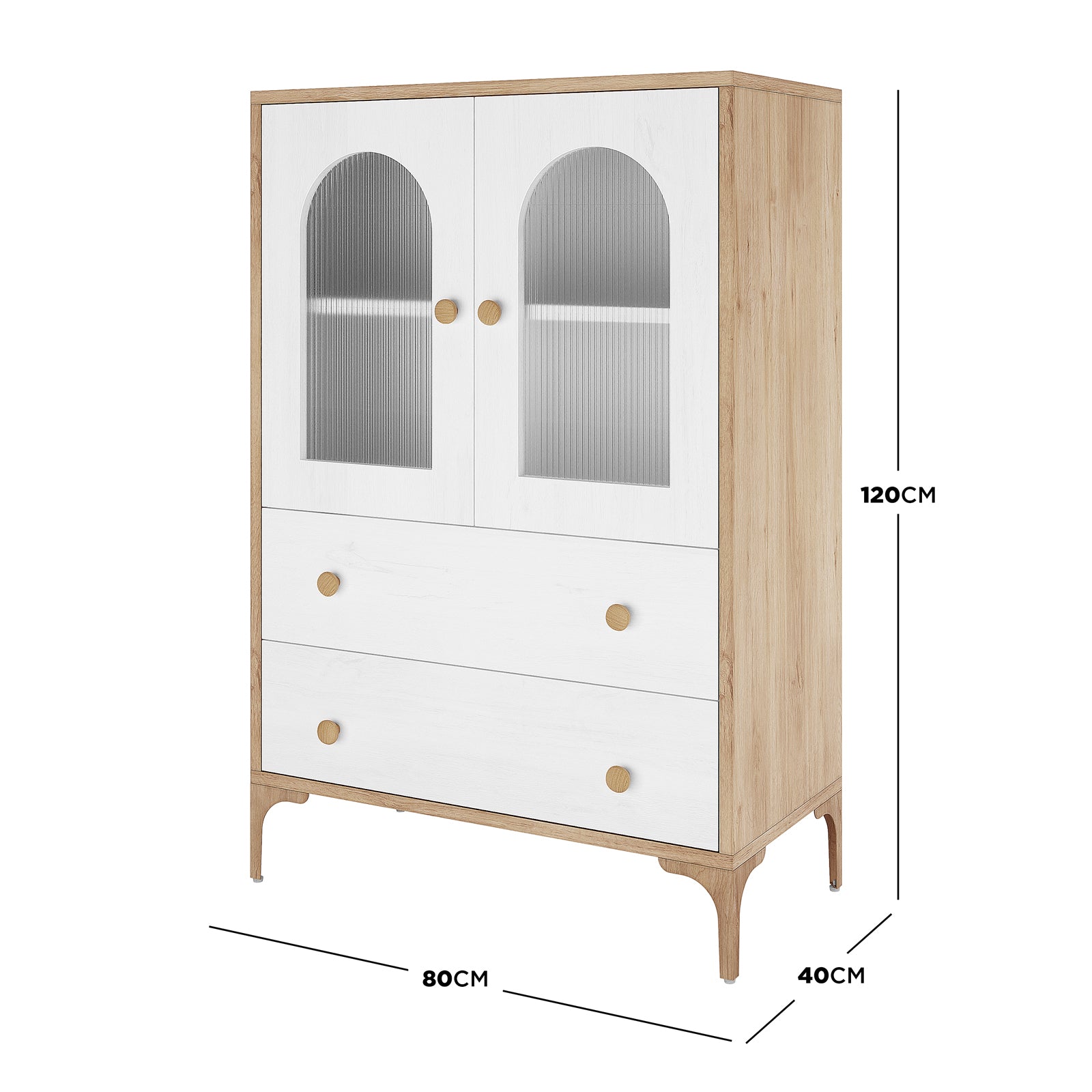 Afra 80cm Buffet Cabinet with Glass Doors in White & Natural, featuring ribbed glass doors, two drawers with oak knobs, and tapered legs, showcasing mid-century design with elegant storage solutions.