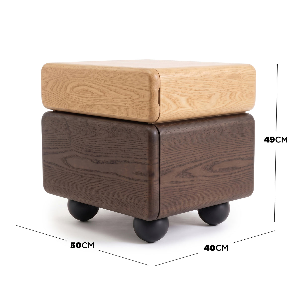 Small modern two-tone wooden side table with rounded edges on a white background with dimensions