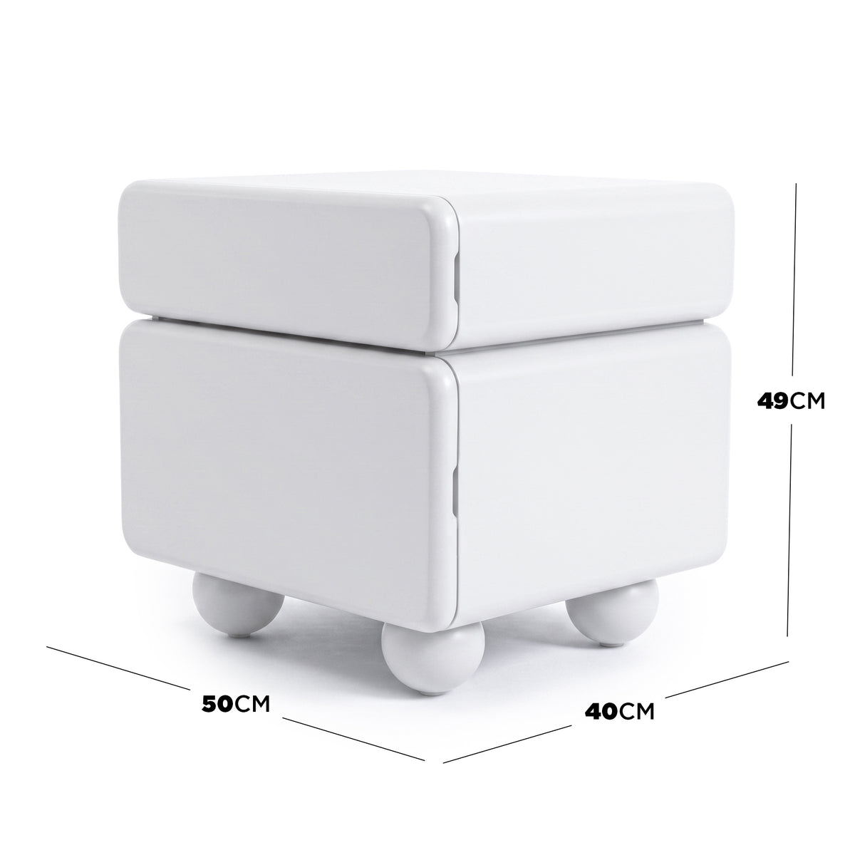 White square side table with rounded corners and measurement labels showing dimensions