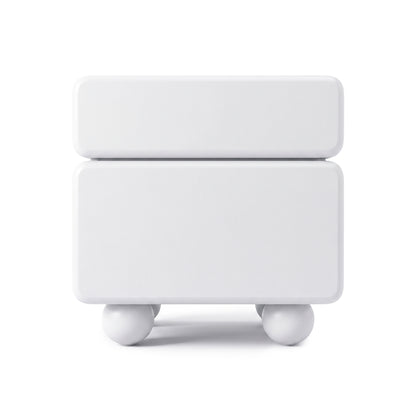 White modern nightstand with rounded edges and spherical legs on a white background