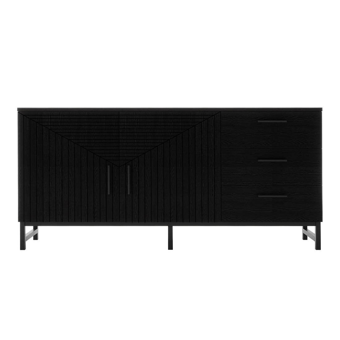 Anderson 160cm fluted sideboard buffet in black with two doors, three drawers, and metal legs