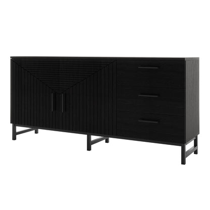 Anderson 160cm fluted sideboard buffet in black with two doors, three drawers and metal legs