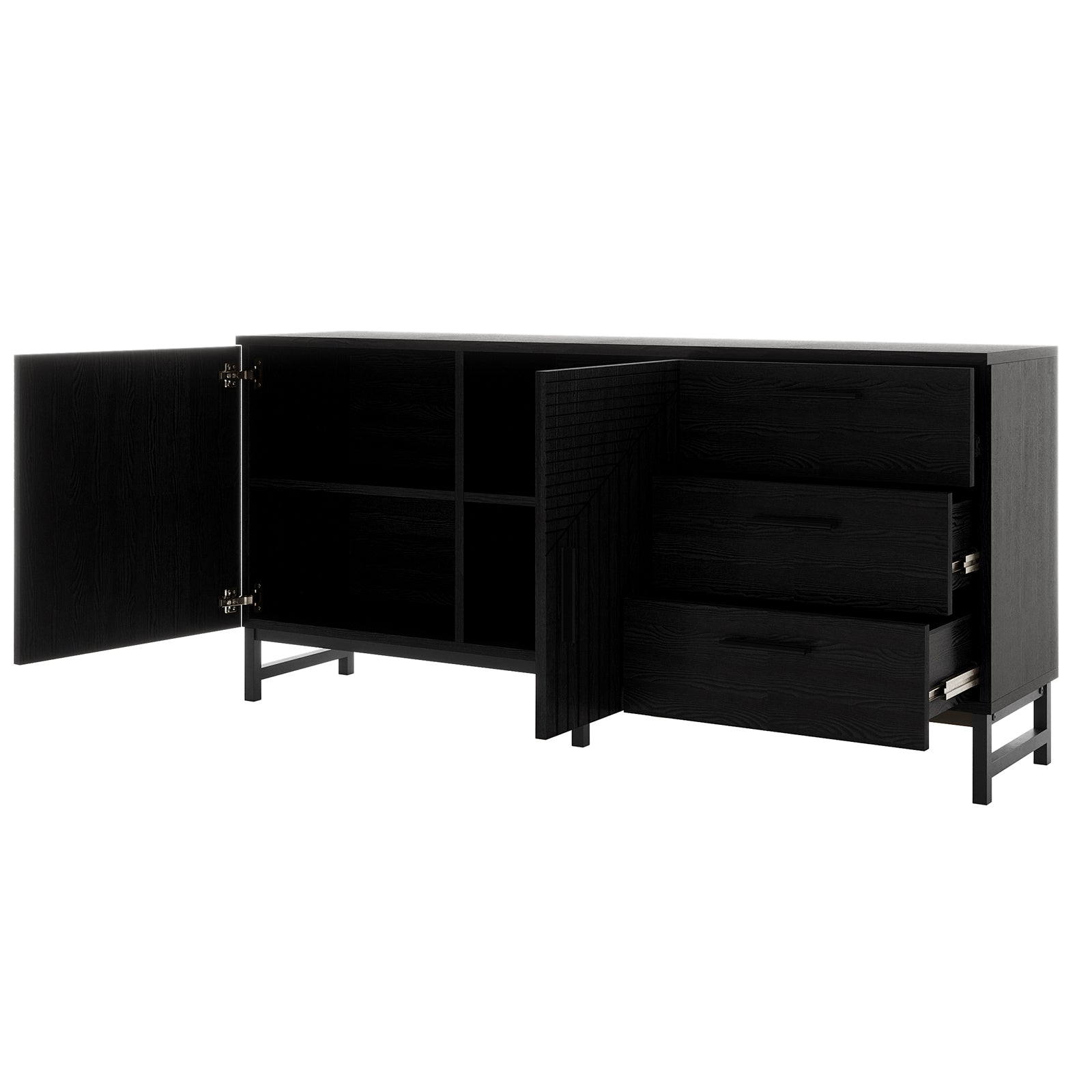 Anderson 160cm fluted sideboard buffet in black with open doors and drawers showing interior shelving
