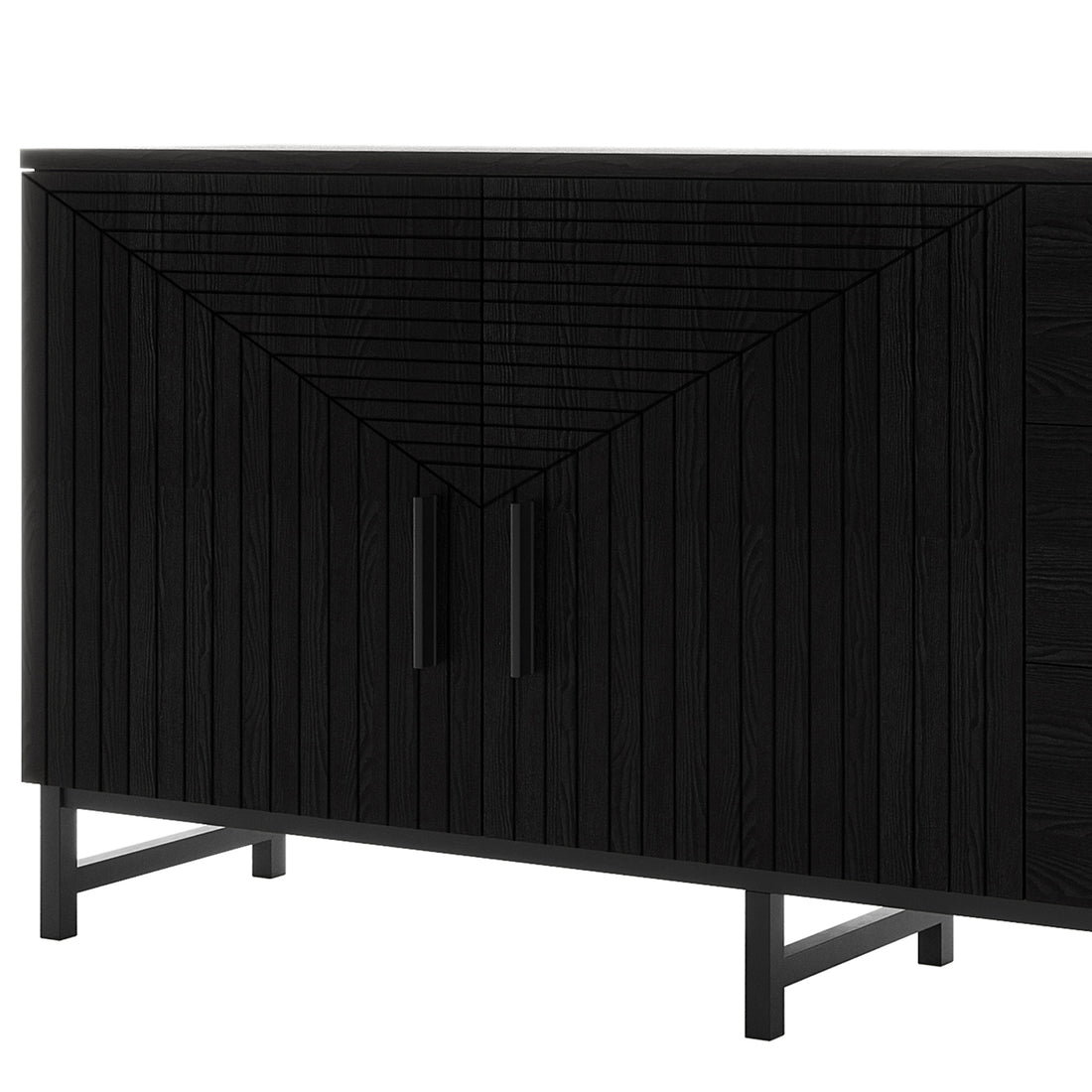 Black fluted sideboard buffet with geometric chevron pattern doors, matte black handles, and black metal legs, 160cm