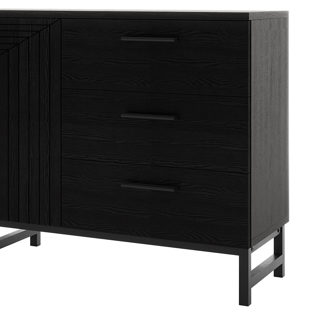 Black fluted sideboard buffet with three drawers, cabinet door, and metal frame legs
