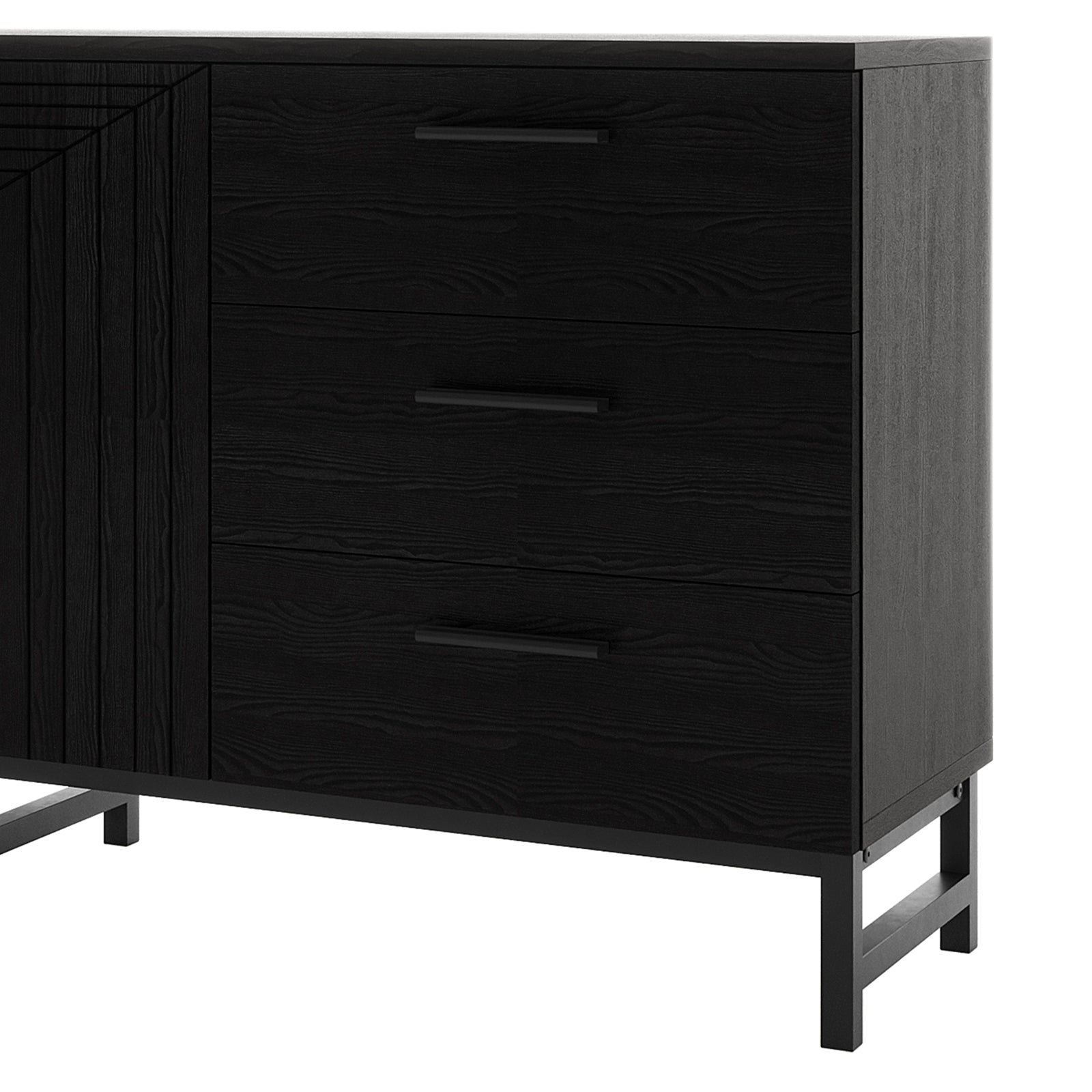 Black fluted sideboard buffet with three drawers, cabinet door, and metal frame legs