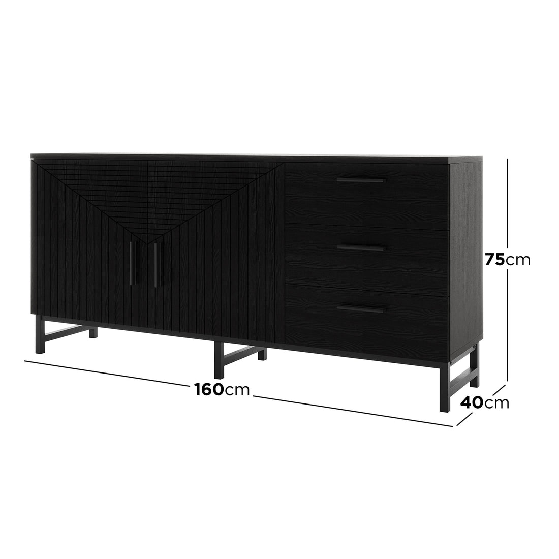 Anderson 160cm fluted sideboard buffet in black with three drawers and two doors