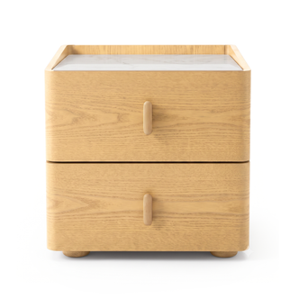 Light wood modern nightstand with two drawers on a white background