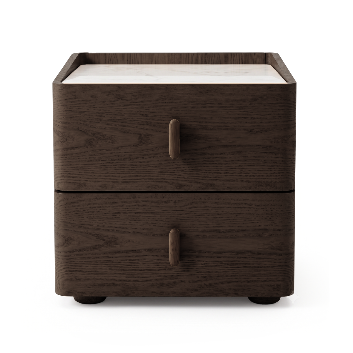 Modern dark wood nightstand with two drawers on a white background.