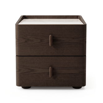 Modern dark wood nightstand with two drawers on a white background.