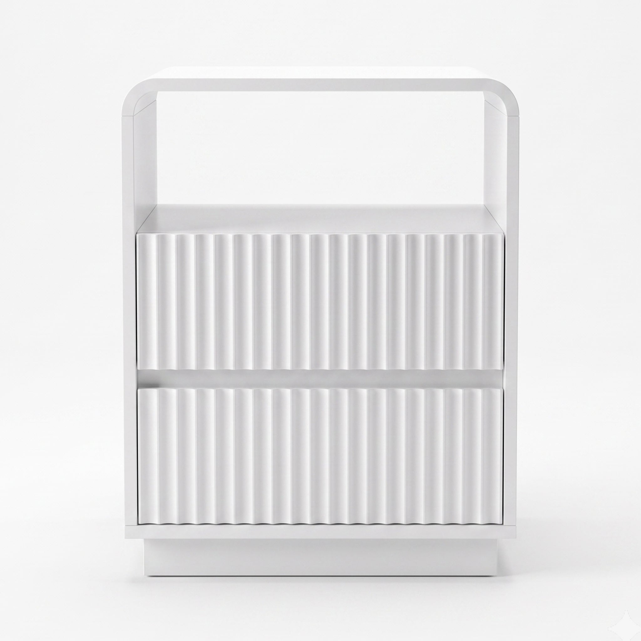Front view of a white nightstand on a white background with two ribbed drawers and an open shelf.