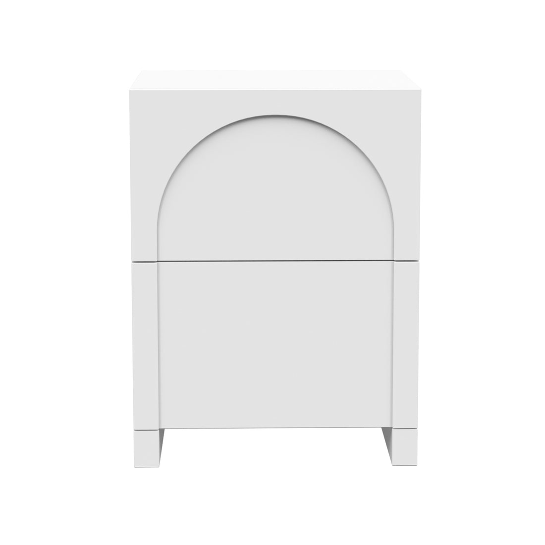Archen 2 Drawer Arch Detail Bedside Table in White, featuring a minimalist design with two stacked drawers, an arch groove pull on the top drawer, and short block legs.