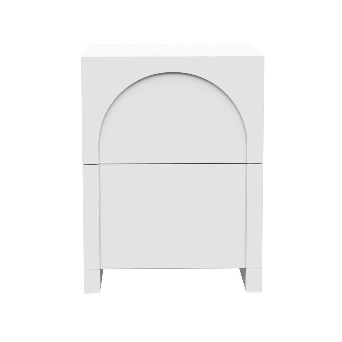 Archen 2 Drawer Arch Detail Bedside Table in White, featuring a minimalist design with two stacked drawers, an arch groove pull on the top drawer, and short block legs.