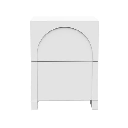 Archen 2 Drawer Arch Detail Bedside Table in White, featuring a minimalist design with two stacked drawers, an arch groove pull on the top drawer, and short block legs.