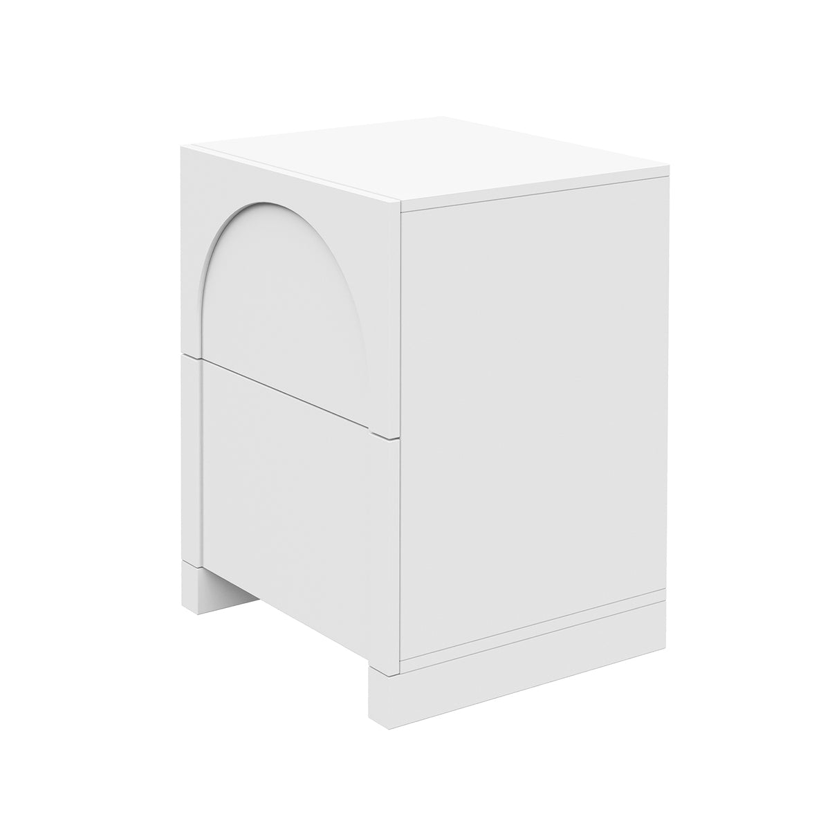 Archen 2 Drawer Arch Detail Bedside Table in White featuring a modern, all-white design with two drawers, a half-moon cut-out handle on the top drawer, and a minimal plinth-style base.