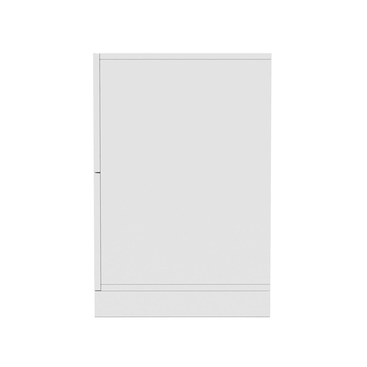 Archen 2 Drawer Arch Detail Bedside Table in White, featuring a sleek, rectangular, smooth panel design with subtle recessed grooves and a vertical seam indicating a drawer or door opening.